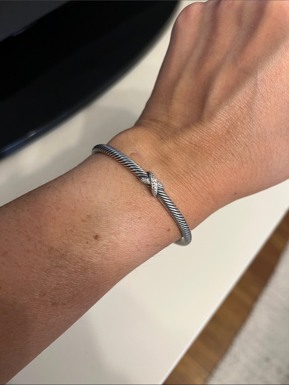 Authentic David Yurman Sterling Silver Twisted Cable Bangle with Diamond X